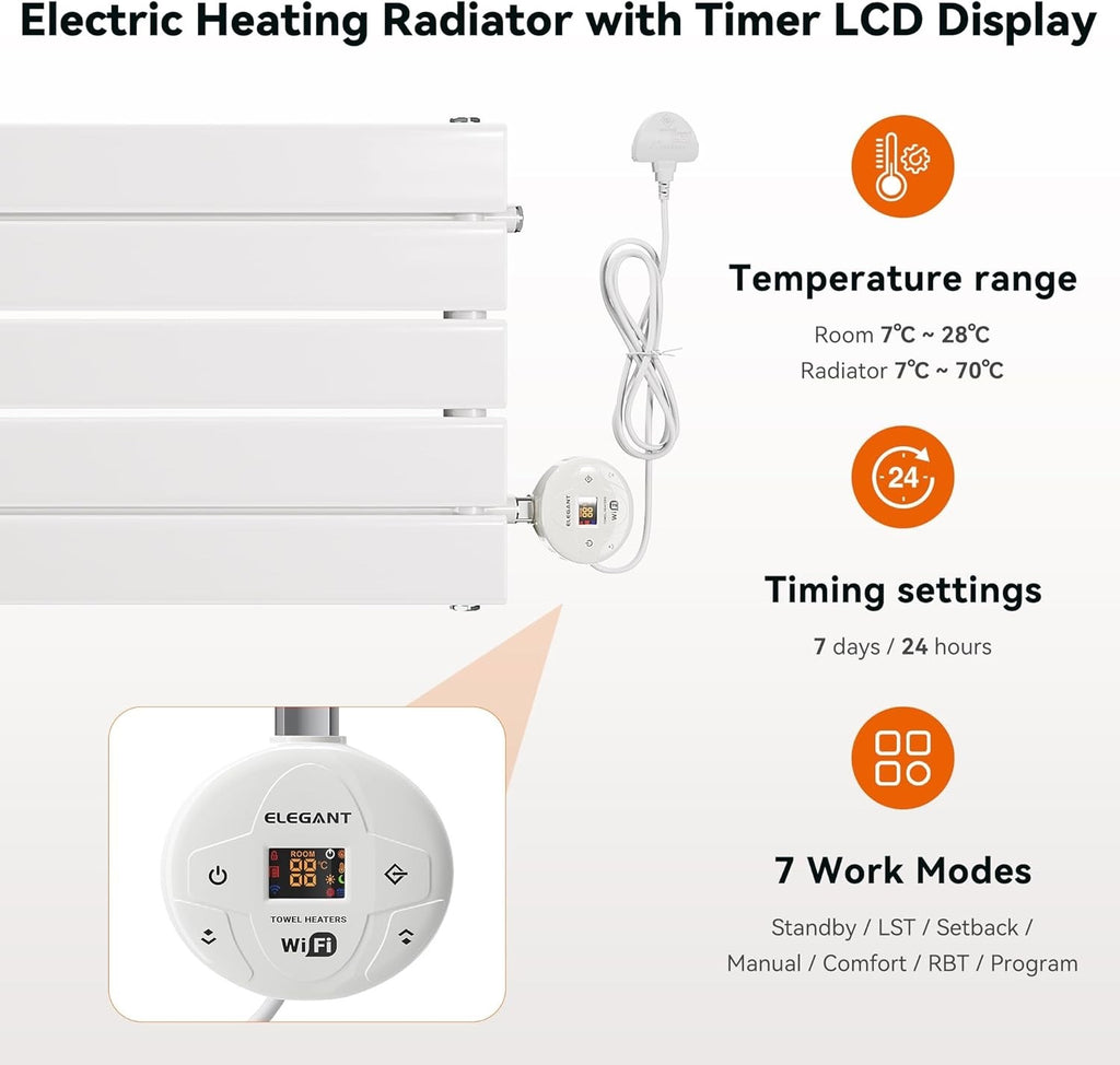 800W Smart WiFi Electric Radiator Wall Mounted Panel Heater LCD Timer White