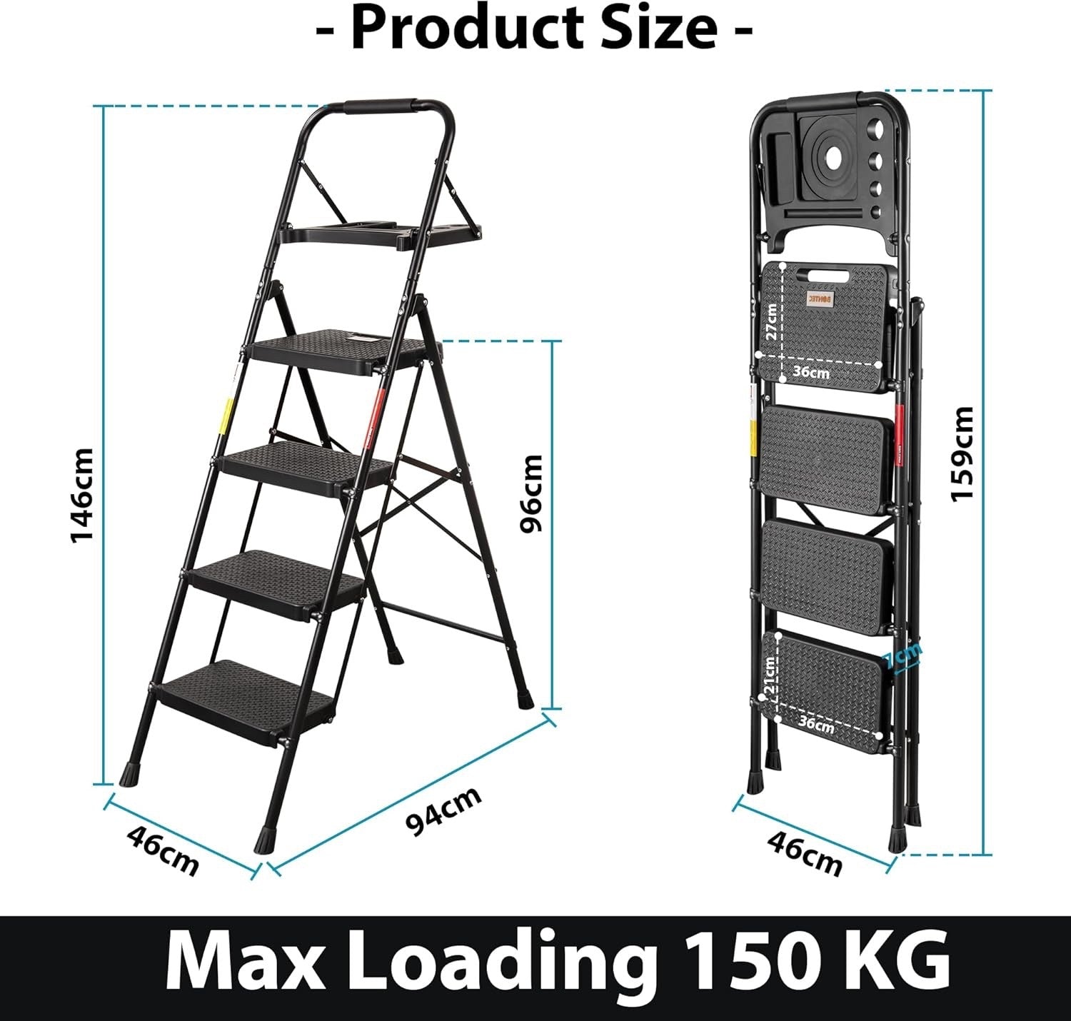 4 Step Ladder Folding Non Slip 150kg Capacity Steel Home Kitchen Indoor