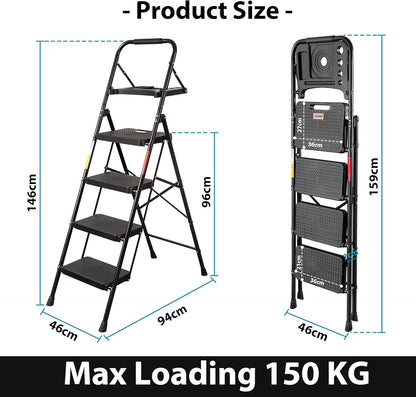 4 Step Ladder Folding Non Slip 150kg Capacity Steel Home Kitchen Indoor
