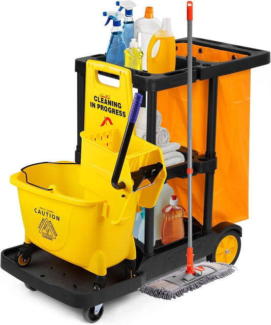 Janitorial Cleaning Cart Large Housekeeping Trolley Utility Swivel Wheels Heavy