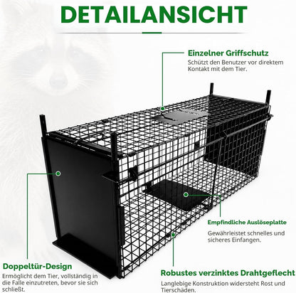 Humane Animal Trap Cage Double Door 84x33x 28 cm Metal Live Catch Rabbit Black