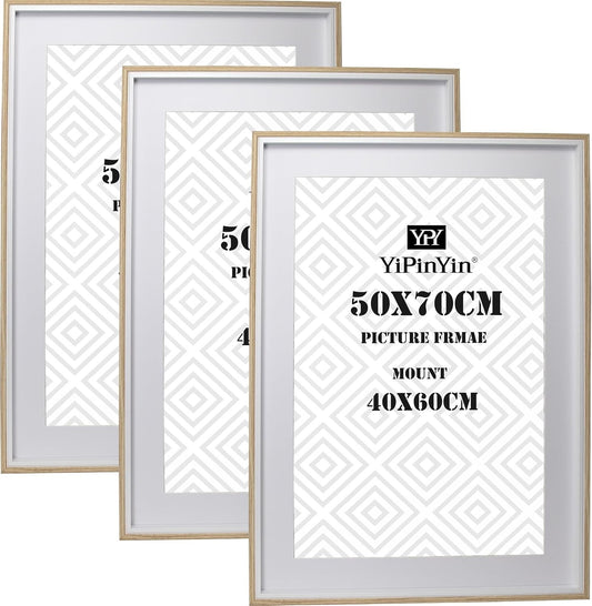 Picture Frame Set 50x70cm 3 Pack Wooden White Mounts 40x60cm Wall Poster Frames