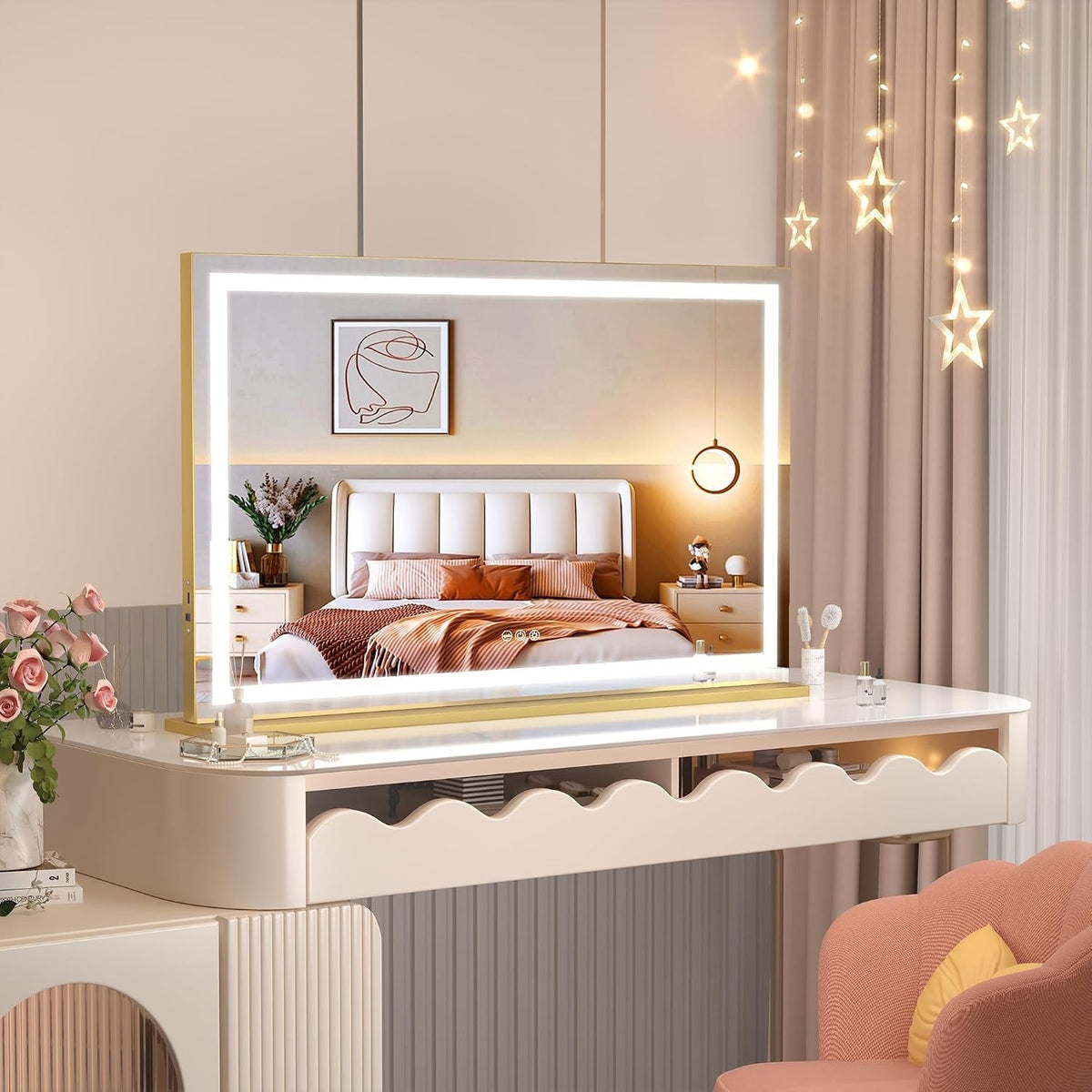 Vanity Makeup Mirror 23x18in LED 3 Light Modes Touch Control Gold Hasipu