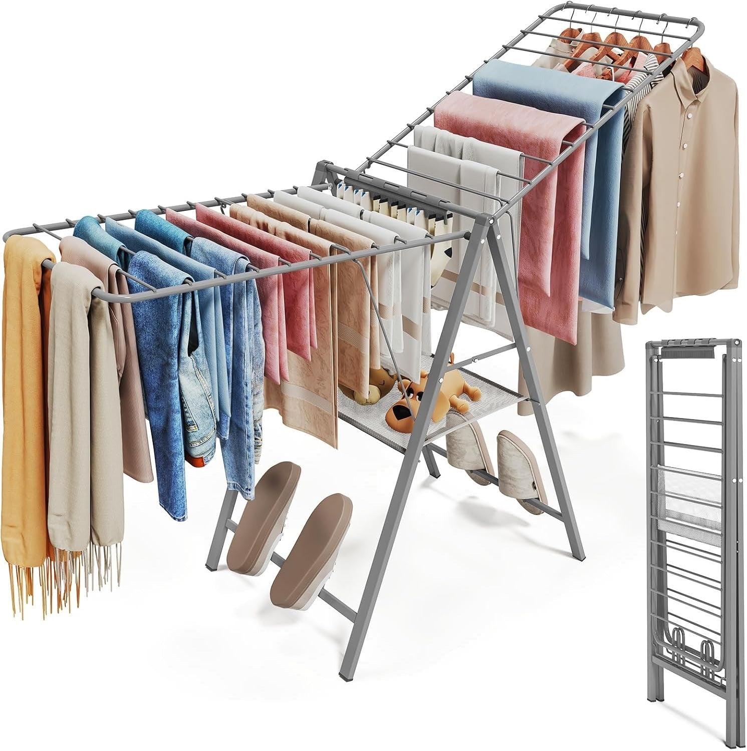 Clothes Airer Drying Rack Foldable Height Adjustable Laundry Indoor Outdoor Grey