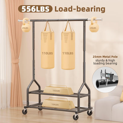 Heavy Duty Clothes Rail Garment Rack Adjustable 2 Shelves Wheels 252kg Black