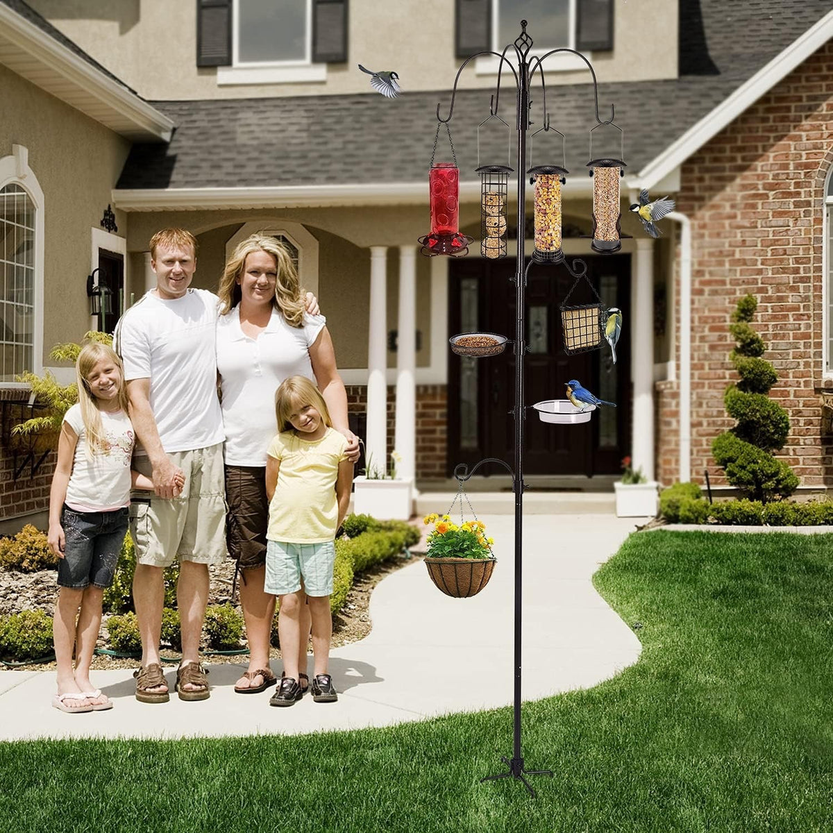 Bird Feeder Feeding Station Pole 231cm 6 Feeders Metal Garden Stand 5 Prong Base