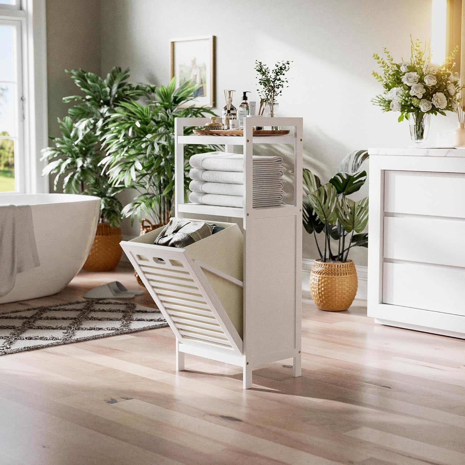Laundry Hamper Cabinet Bamboo Tilt Out Bathroom Storage Basket Shelf 40L White