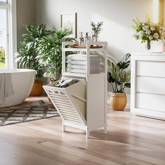Laundry Hamper Cabinet Bamboo Tilt Out Bathroom Storage Basket Shelf 40L White