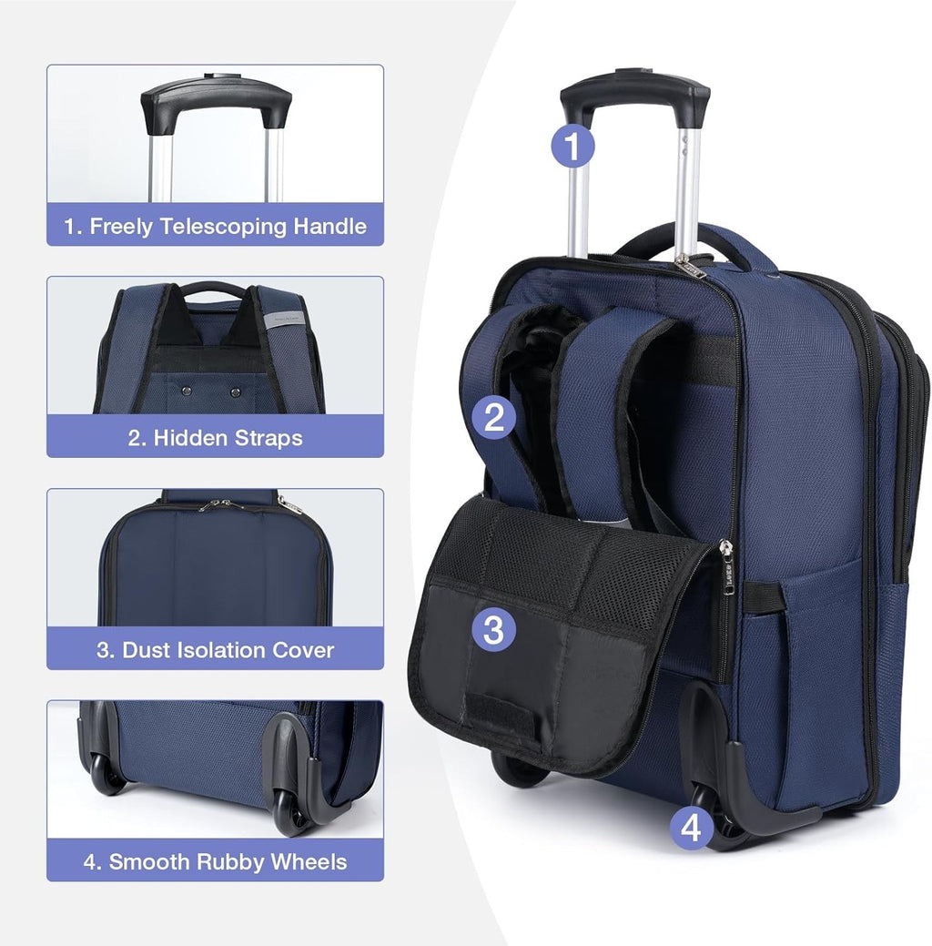 18” Rolling Laptop Bag Waterproof Wheeled Briefcase Travel Work Blue