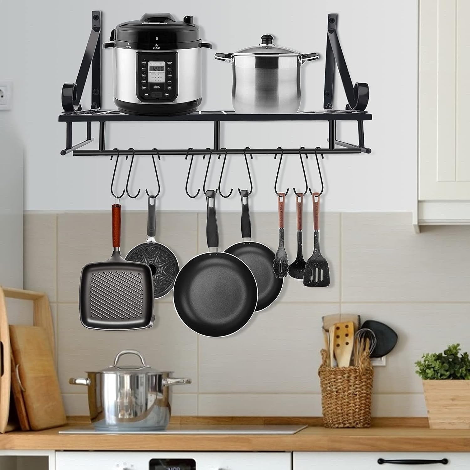 Metal Hanging Pan Pot Rack Wall Mounted With 10 Hook Holders Kitchen Storage