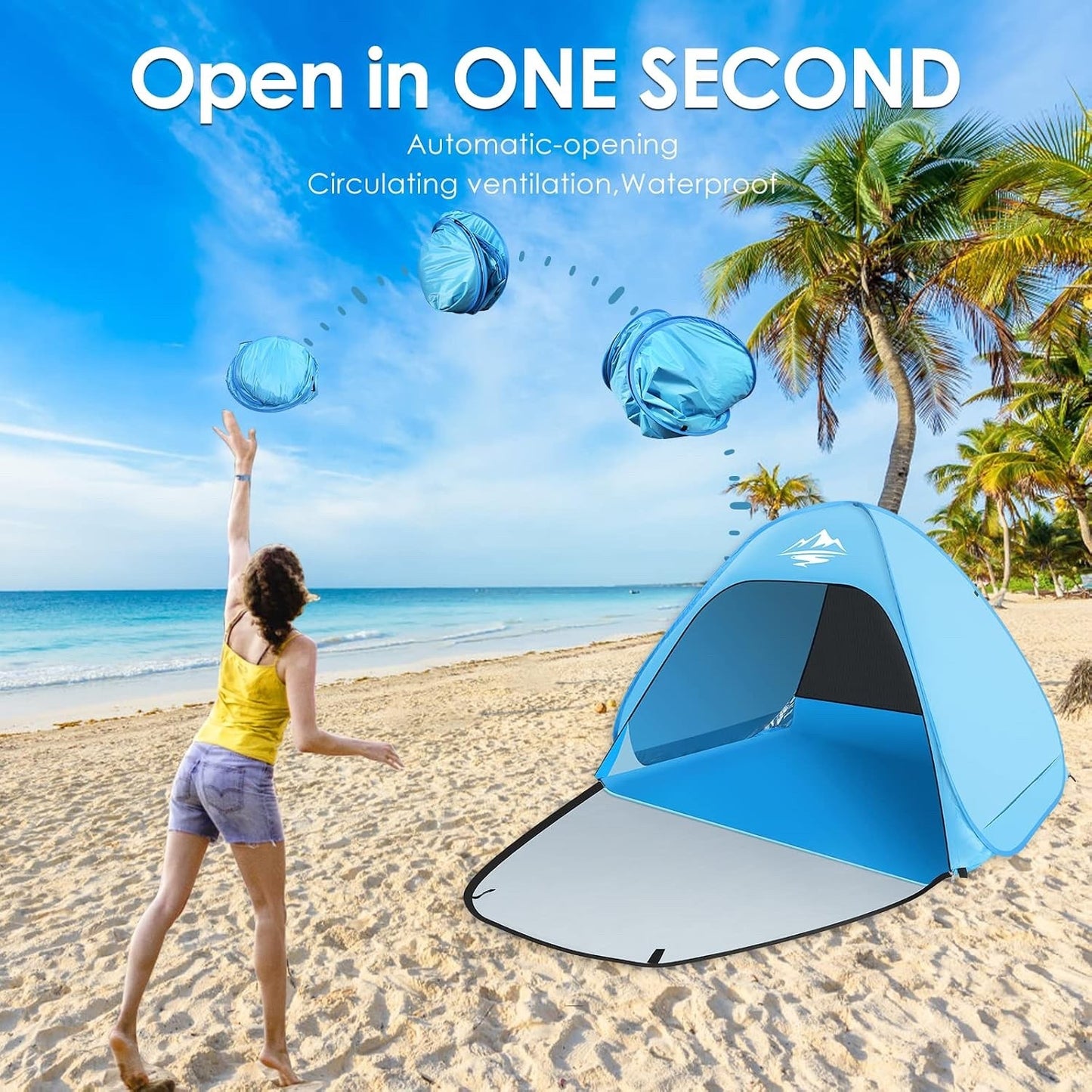 Pop Up Beach Tent Sun Shelter 2-3 Person UPF50+ Waterproof Blue Portable Shade