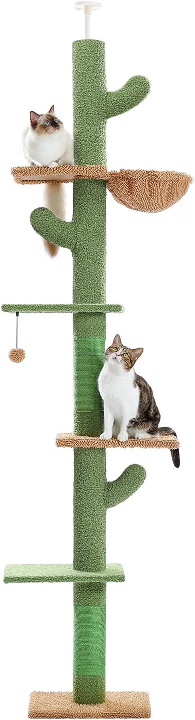 Cat Tree Scratching Tower 229-275cm 5 Tier Cactus Floor Ceiling Hammock Green