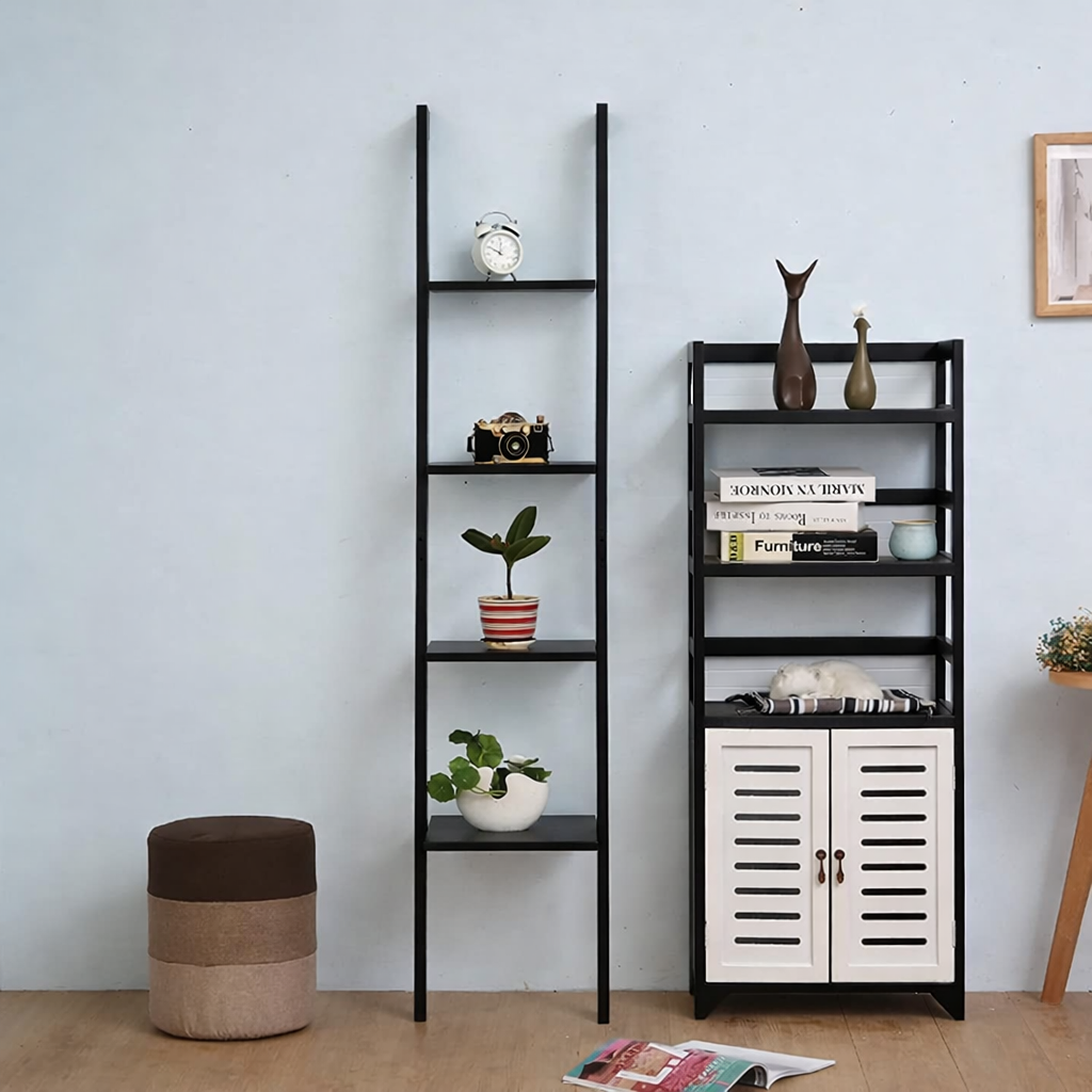 Ladder Shelf Bookcase Rack 4 Tier Tall Leaning Open Storage Black 160cm