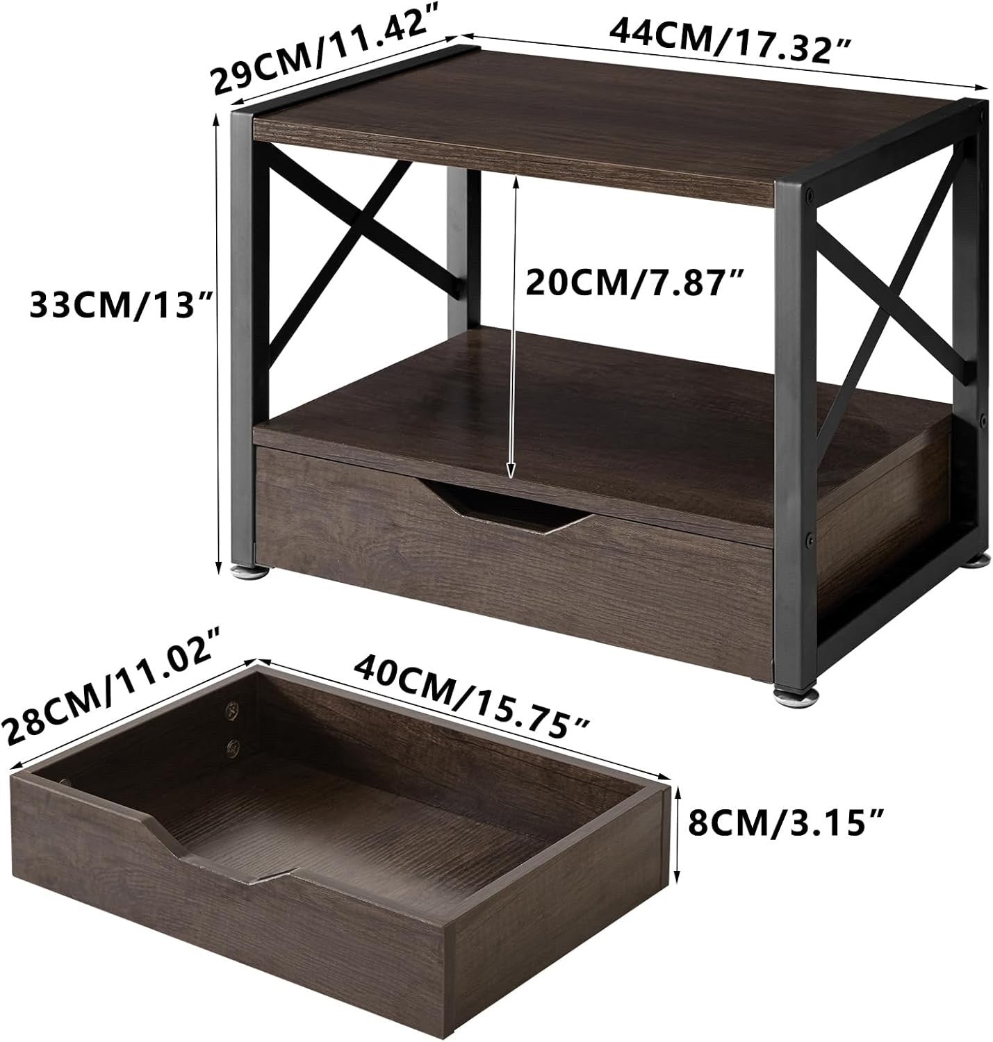 Printer Stand Desktop 2 Tier Storage Drawer Shelf Grey Wood Office Organizer