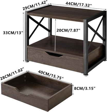 Printer Stand Desktop 2 Tier Storage Drawer Shelf Grey Wood Office Organizer