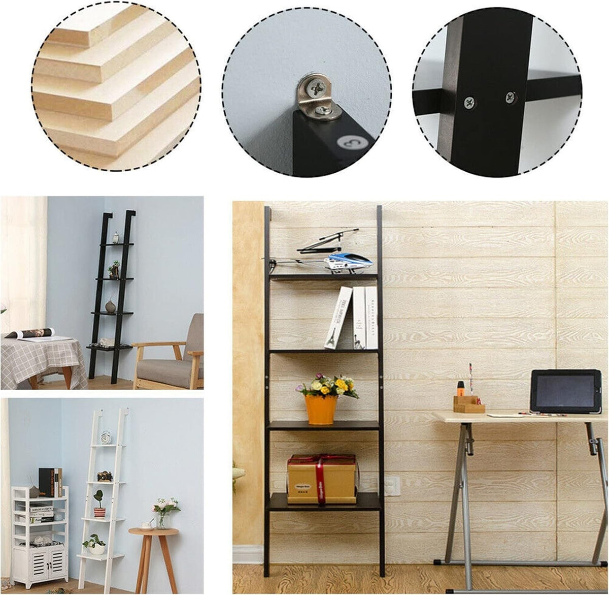 Ladder Shelf Bookcase Rack 4 Tier Tall Leaning Open Storage Black 160cm