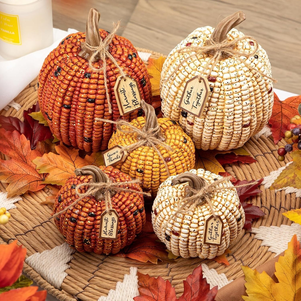 Oairse Pumpkins Fall Decoration 2PCS Decorative Corn Cob Pumpkins Resin