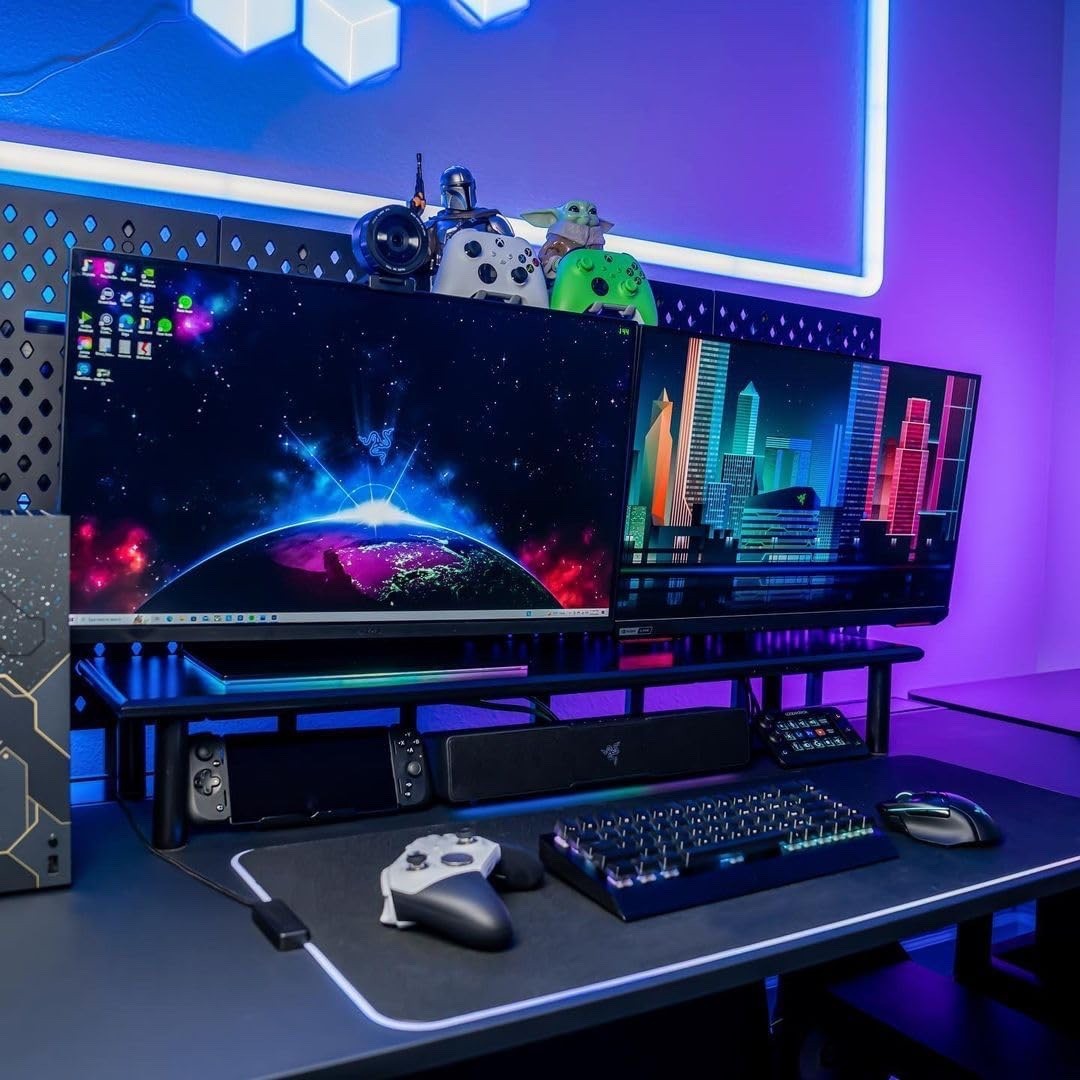 Bamboo Dual Monitor Stand Riser Adjustable Height Desk Shelf PC TV