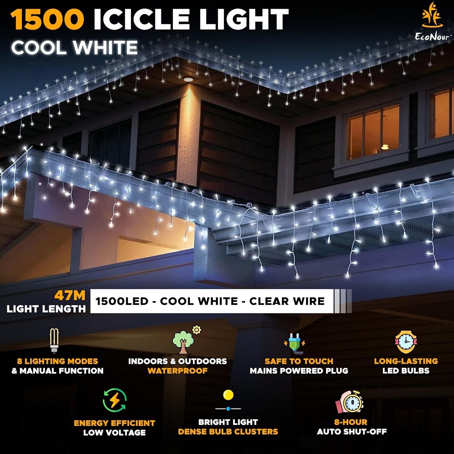 EcoNour Icicle Lights Outdoor Christmas Lights 360 LED 7.5M Cool White