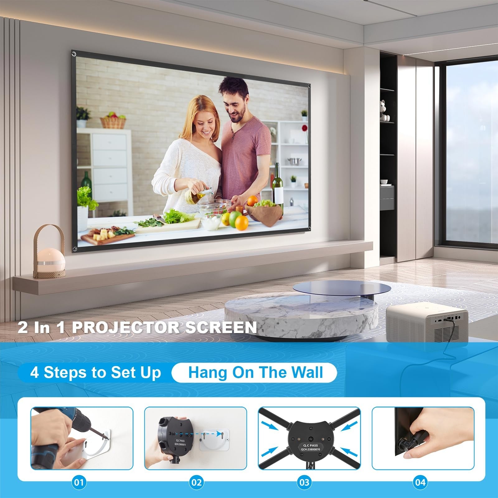 120" Projector Screen with Tripod 16:9 4K Portable Movie Screen Indoor Outdoor
