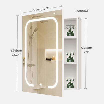 Bathroom Mirror Cabinet LED Lighted Wall Mounted 45cm 3 Colour Touch USB White