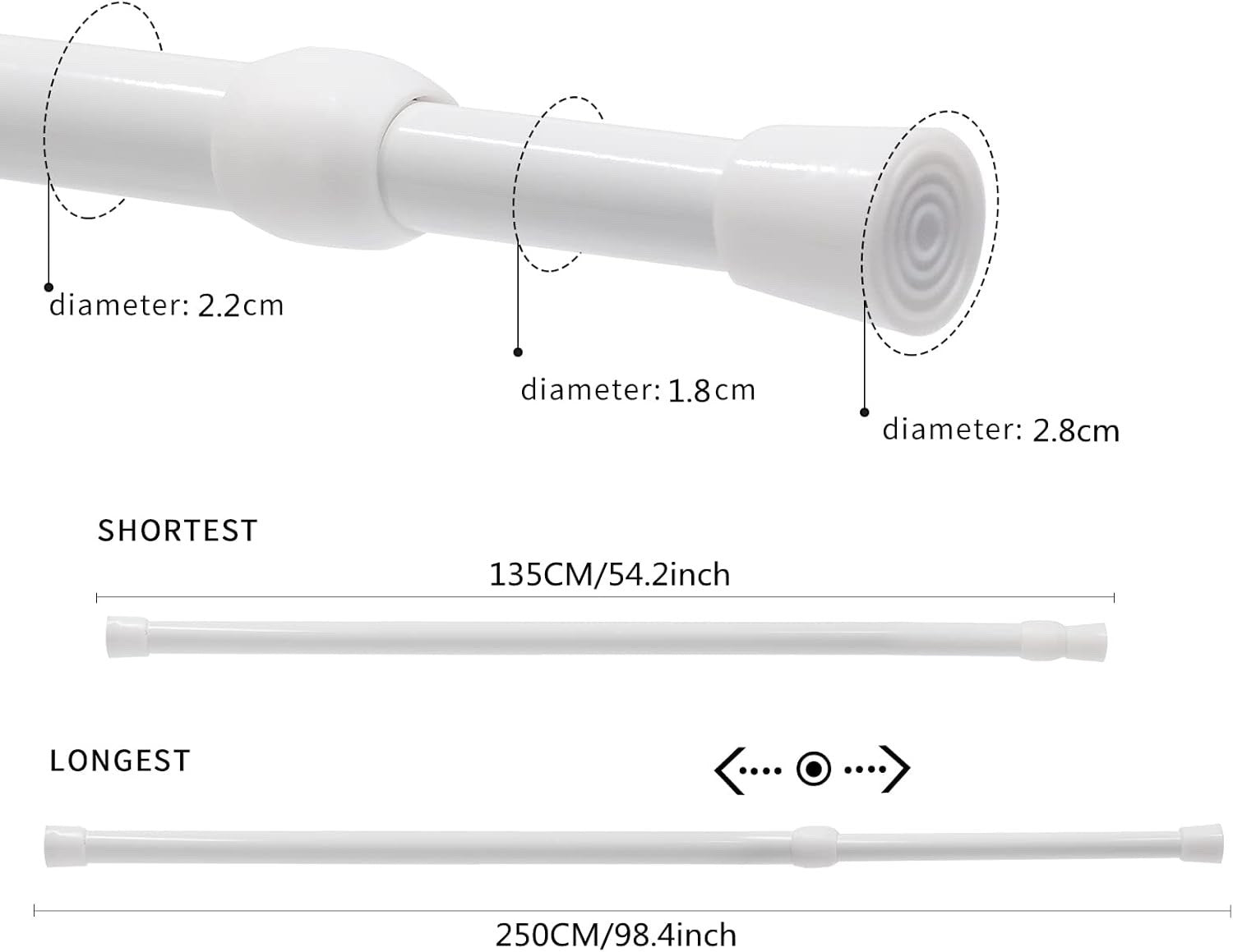 2 Pack 135-250cm Tension Curtain Rods Extendable No Drill Window Pole White