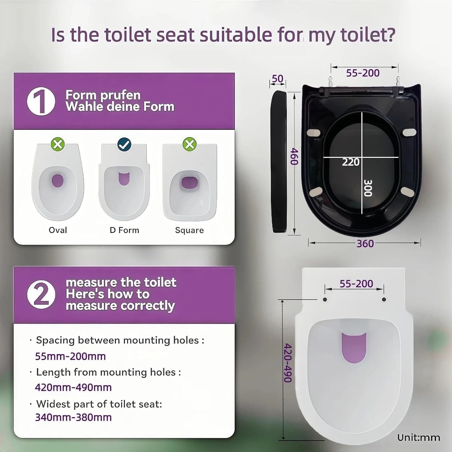Black D Shape Toilet Seat Soft Close Quick Release Adjustable Hinges 46x36cm