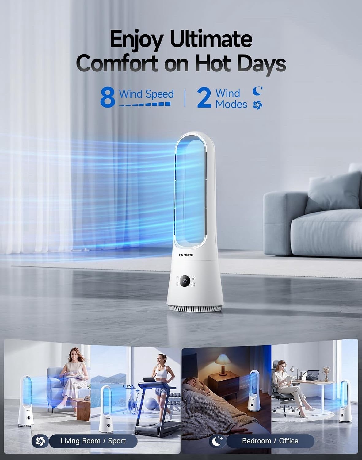 Bladeless Tower Fan Heater 2-in-1 8 Speed 90° Oscillating Remote App 9H Timer