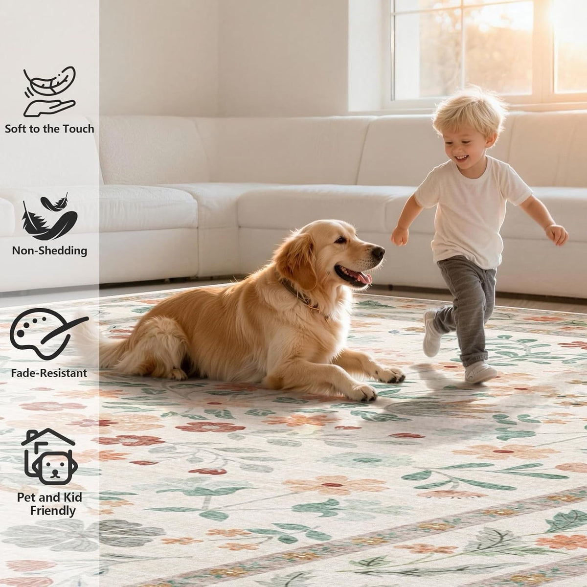 Large Living Room Rug Carpet 240x300cm Beige Vintage Floral Washable Non Slip