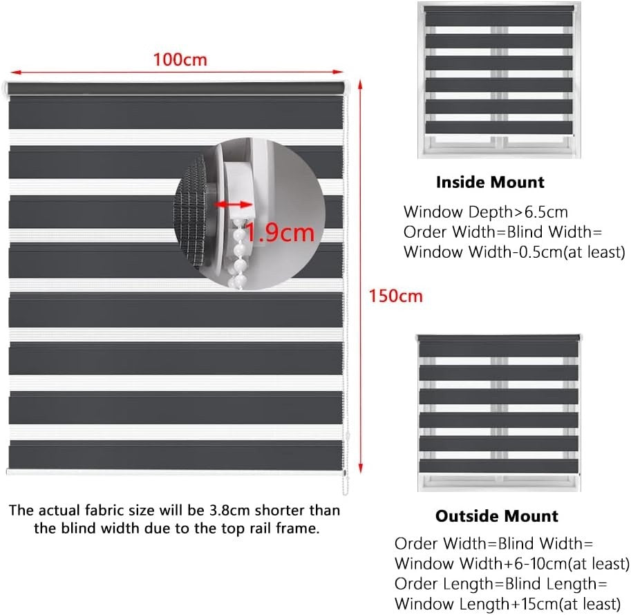 Day Night Roller Blinds Zebra 110x150cm Dark Grey Dual Layer Window Privacy