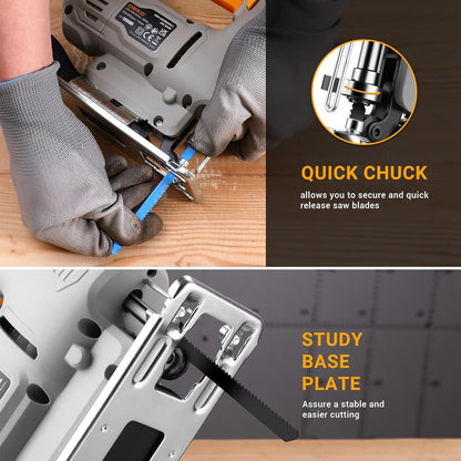 550W Electric Jigsaw 6 Speed 800-3000SPM LED 45° Bevel 8 Blades Wood Metal