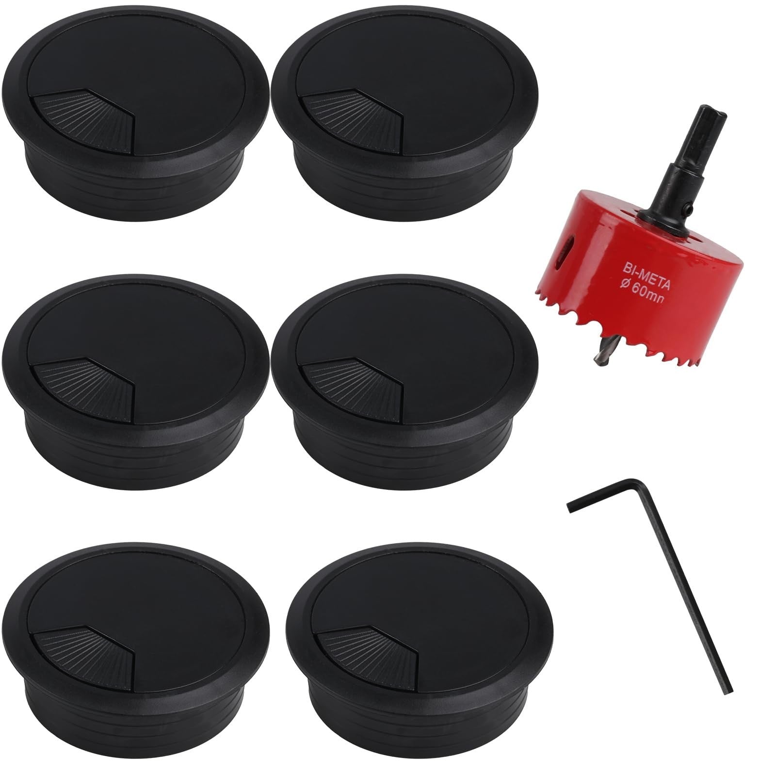 60mm Hole Saw Drill Bit & 6 Pcs Round Desk Cable Hole Cover Black 60mm
