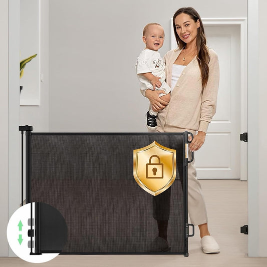 Baby Safety Gate Retractable Mesh 140cm Wide 84cm Black Stair Door Pet Barrier