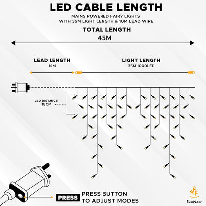 EcoNour Icicle Lights Outdoor Christmas Lights 1000 LED 35M Warm White