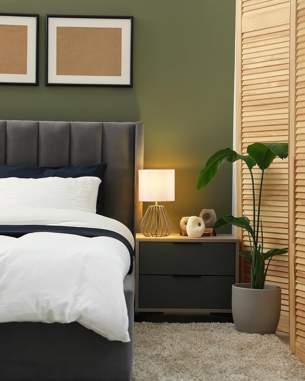 EDISHINE Bedside Lamp Table Lamp with Metal Cage Base & Linen Lampshade Gold