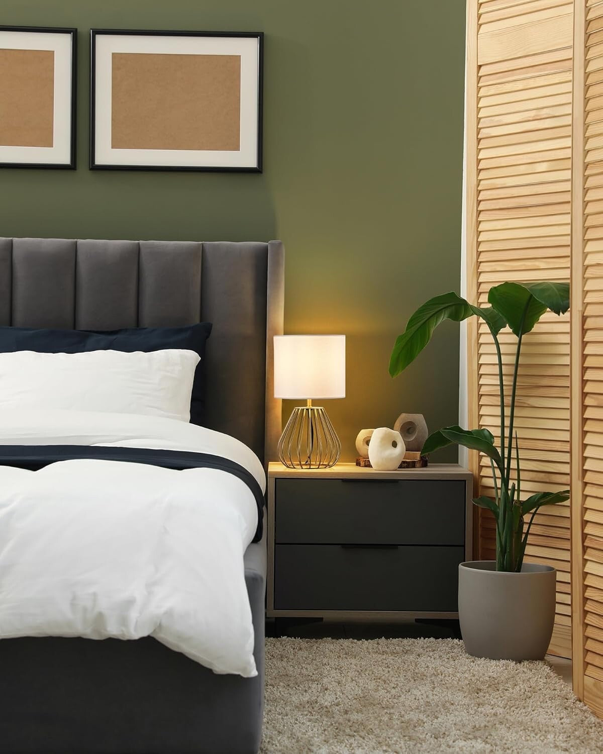 EDISHINE Bedside Lamp Table Lamp with Metal Cage Base & Linen Lampshade Gold