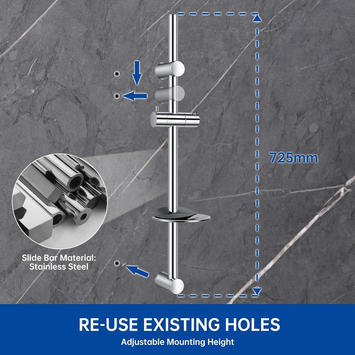 Shower Riser Rail Kit 73cm 4 Mode Hand Shower 1.5m Stainless Hose Soap Dish