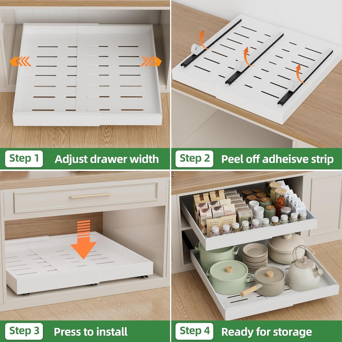 Pull Out Cabinet Organiser Drawers 2 Pack Adjustable Sliding Kitchen Shelves Whi