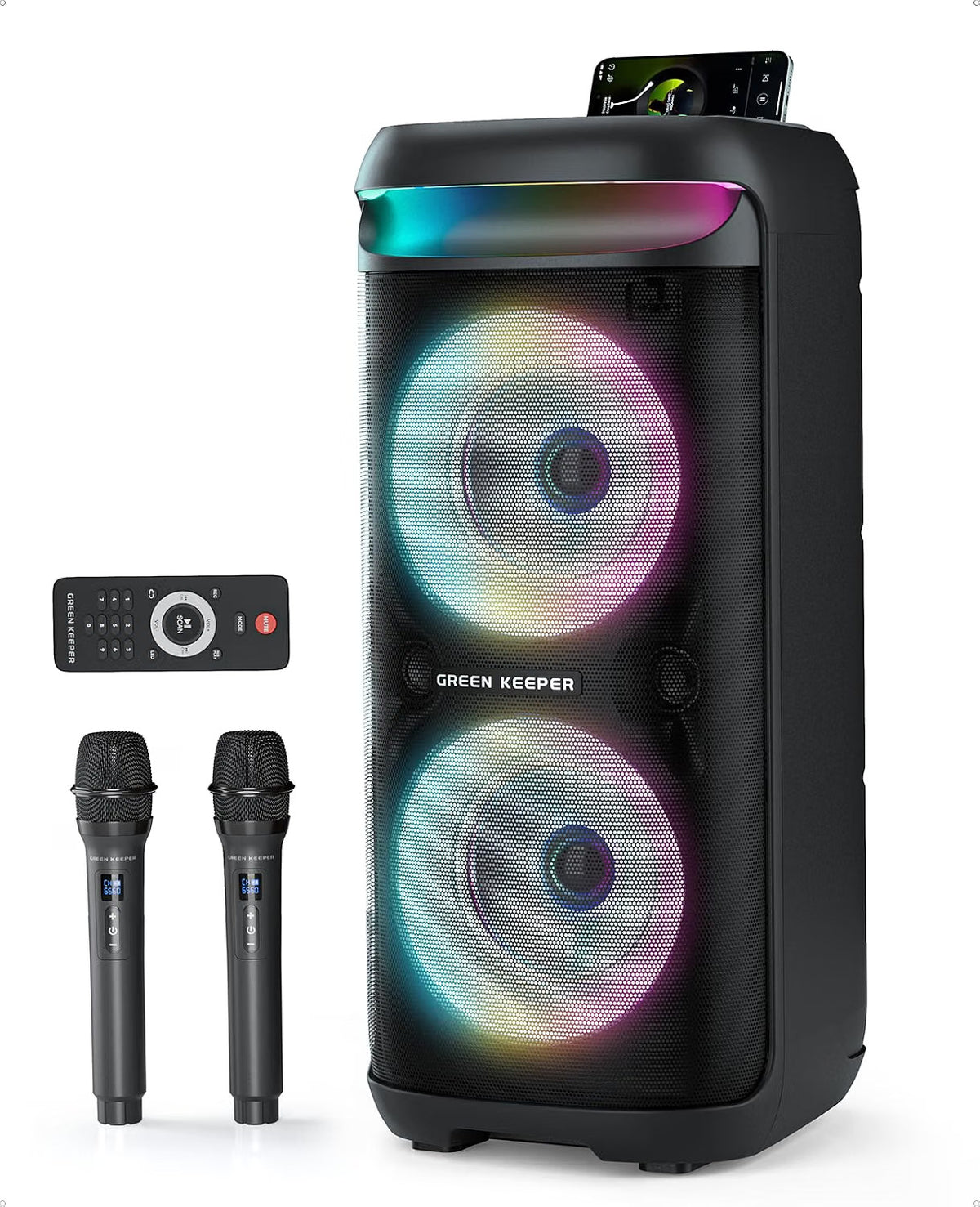 Karaoke Machine Bluetooth Speaker 500W 2 Wireless Mics LED Lights 8000mAh Black