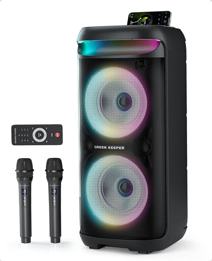 Karaoke Machine Bluetooth Speaker 500W 2 Wireless Mics LED Lights 8000mAh Black