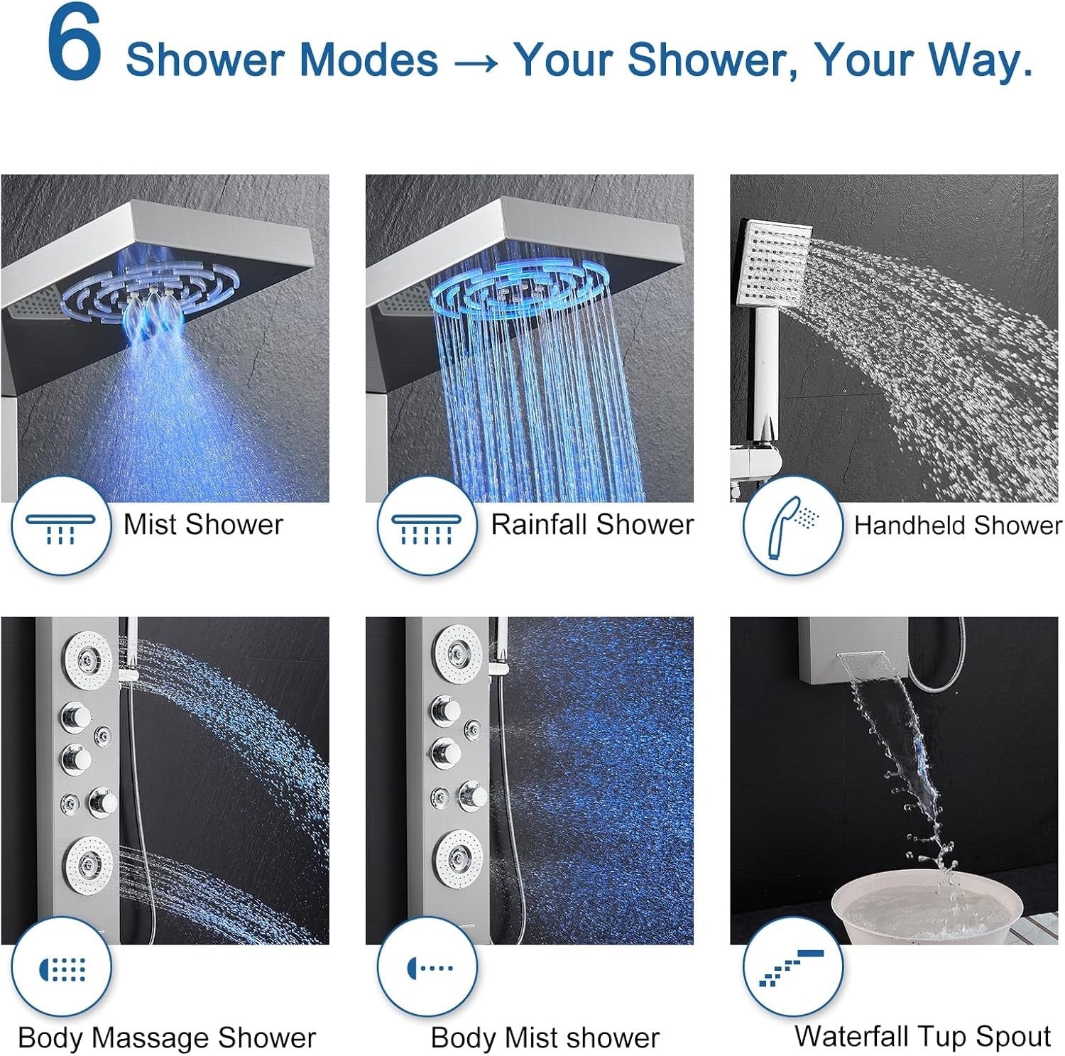 Shower Panel Tower 6 Function LED Display Rain Mist Jets Handset Mixer Brushed