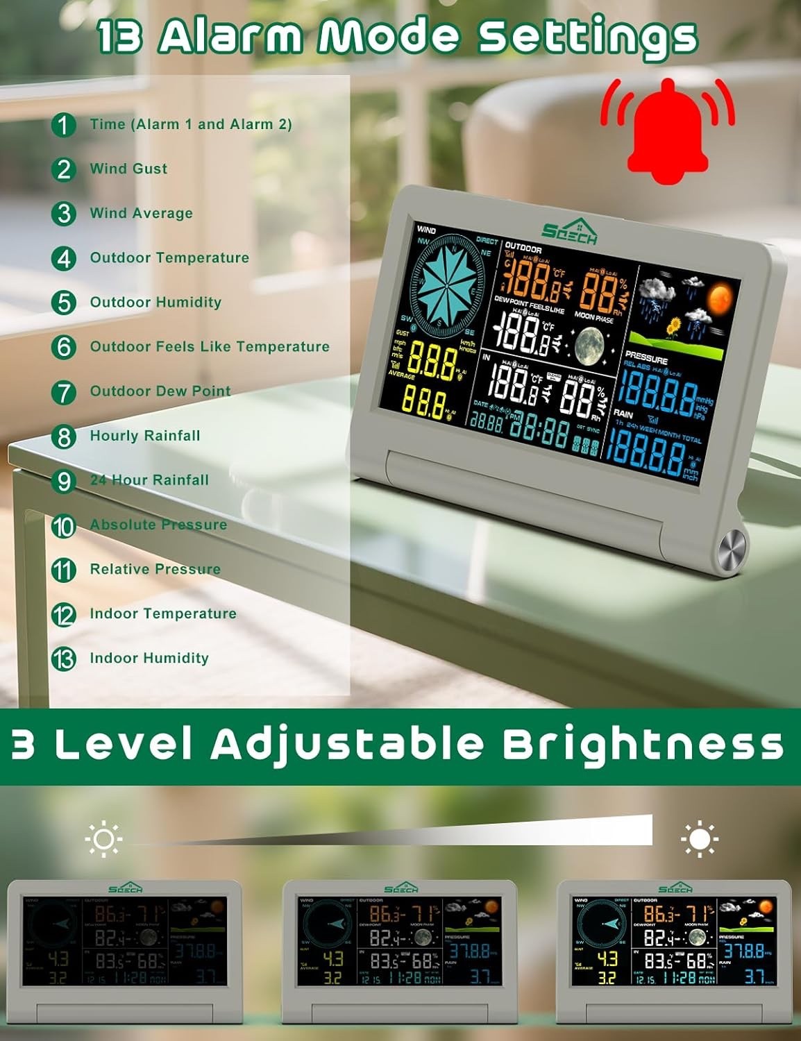 Wireless Weather Station 7-in-1 Outdoor Sensor Rain Gauge Wind Forecast Display
