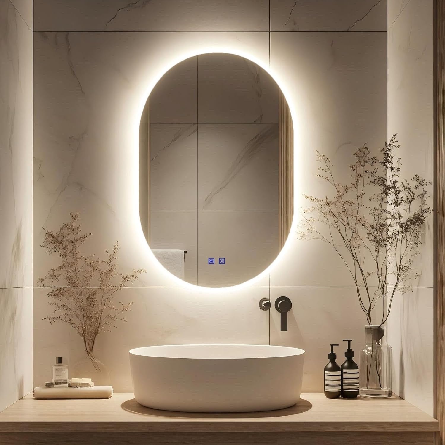 Oval LED Bathroom Mirror 500x700mm 3 Color Dimmable Anti Fog Touch Wall