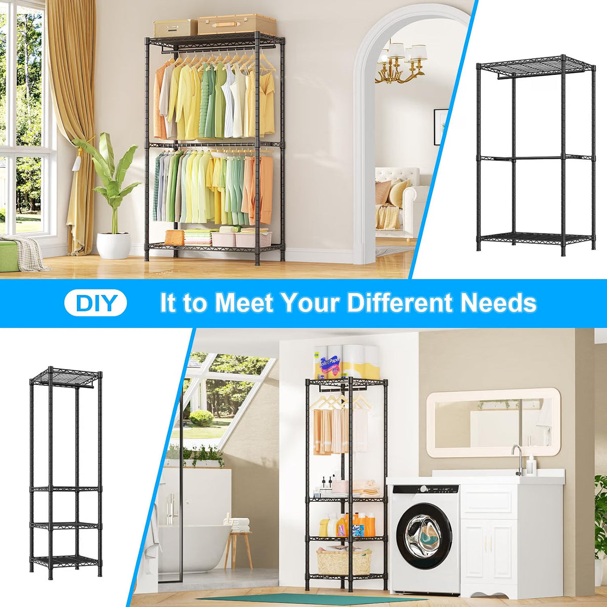 Heavy Duty Clothes Rack Extendable 6 Shelves 4 Rails 362kg Black Carbon Steel