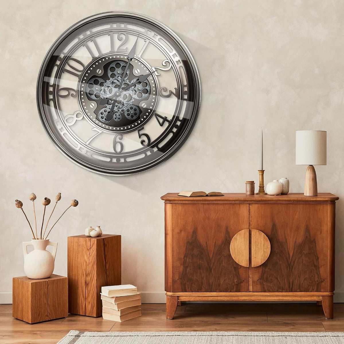 Large Wall Clock Moving Gears 53.5cm Industrial Steampunk Metal Grey Bronze Deco