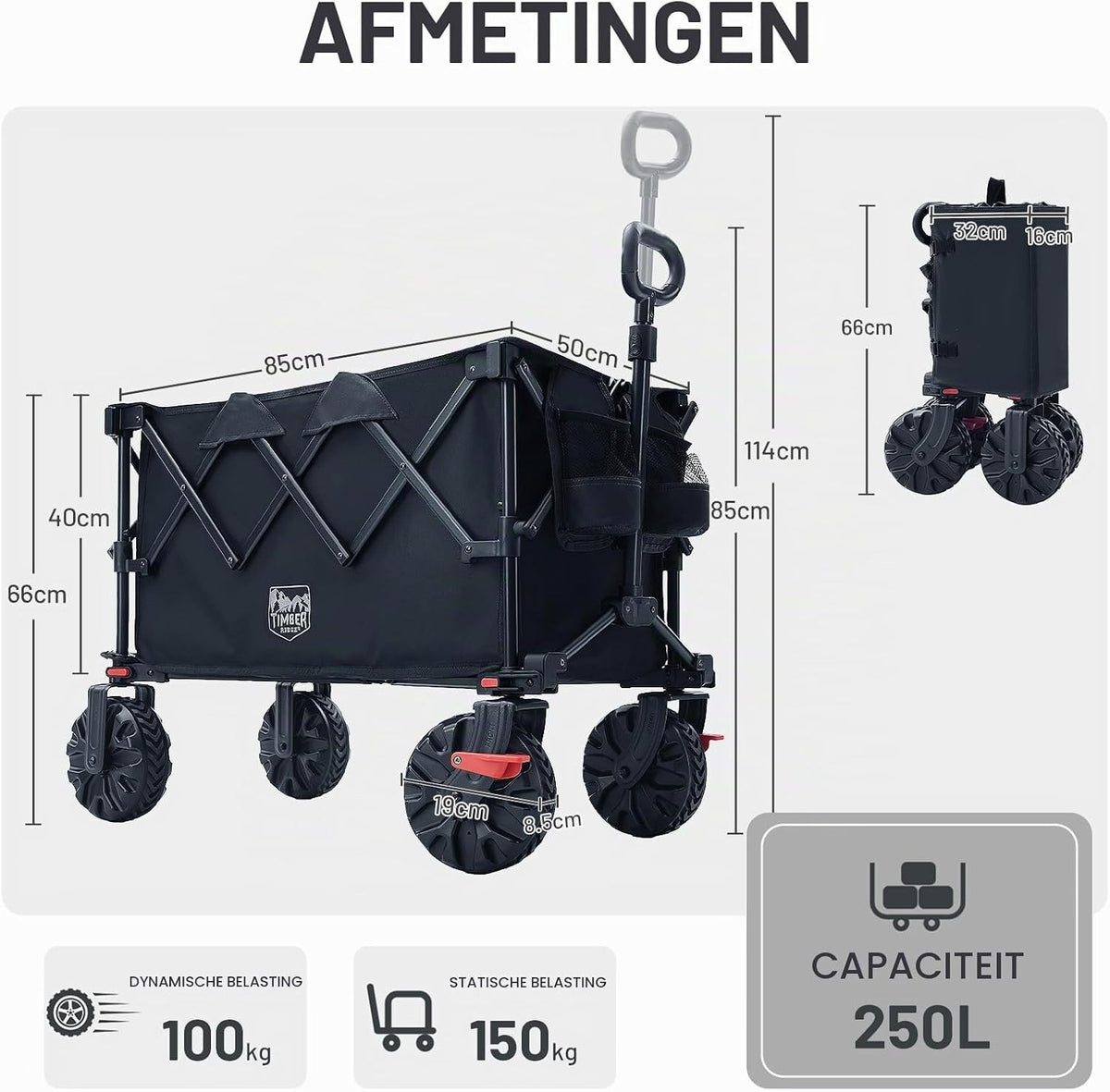 Folding Camping Trolley Cart 250L 150kg Heavy Duty 4 Wheel All Terrain Brakes