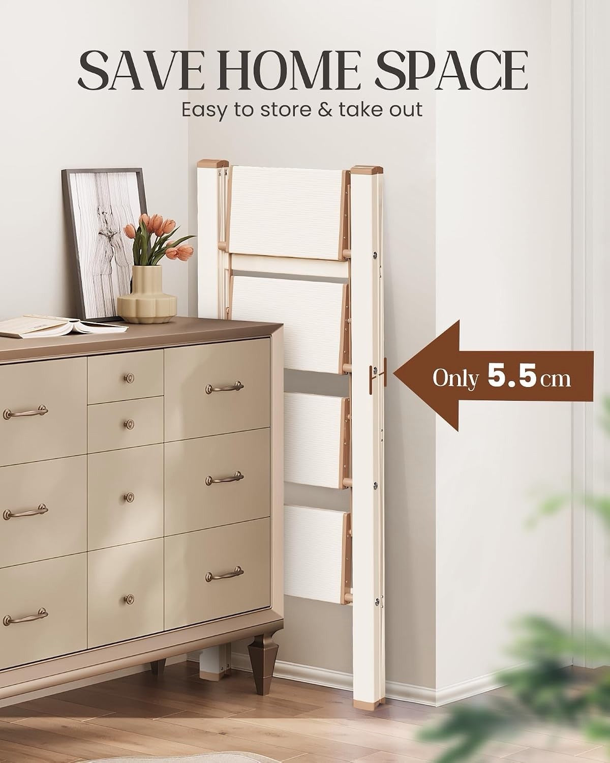 4 Step Ladder Folding Stool Aluminium Anti-Slip Wide Pedal 150kg Cream Chocolate