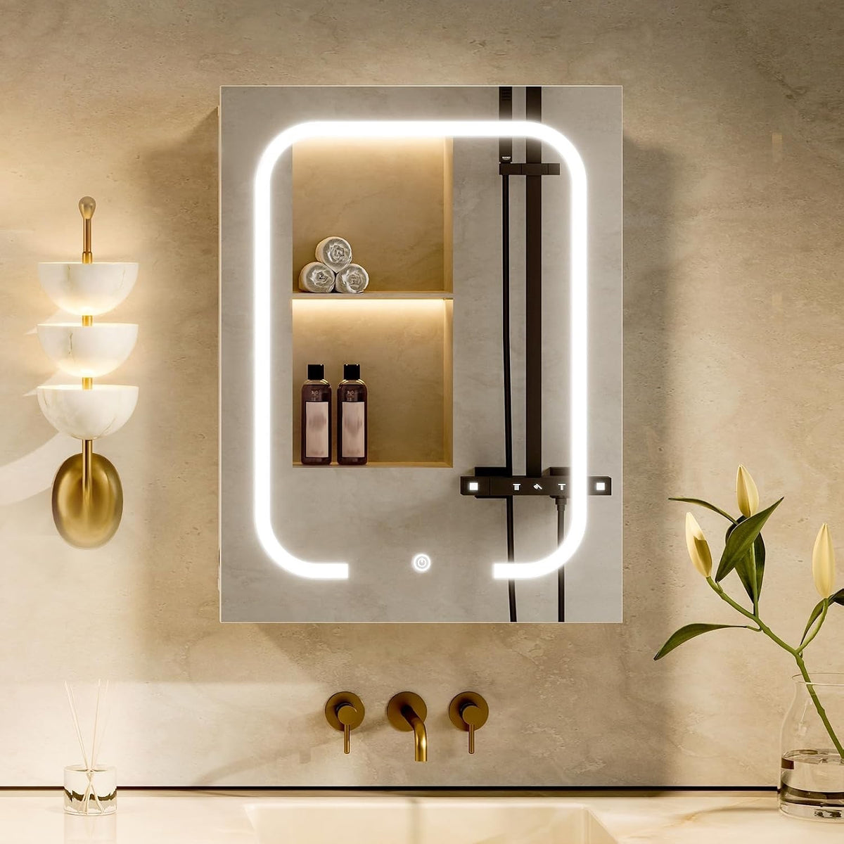 Bathroom Mirror Cabinet LED Lighted Wall Mounted 45cm 3 Colour Touch USB White