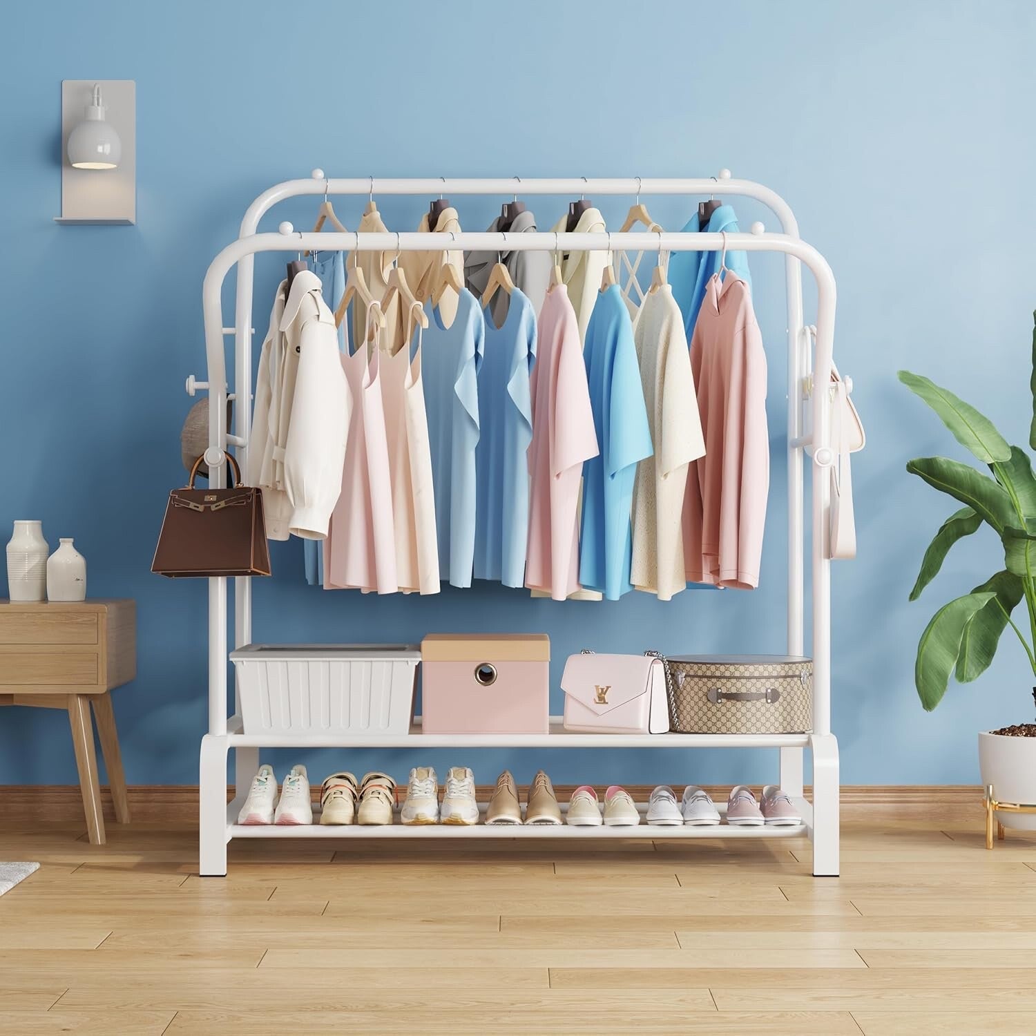 SMILOVII Heavy Duty Clothes Rail with Metal Double Coat Stand Rack White