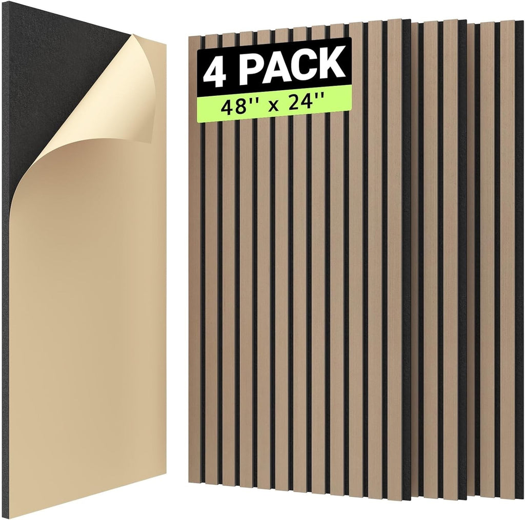 TONOR 4 Pack Wood Slat Acoustic Panels 48x24in Sound Absorbing Dark Walnut